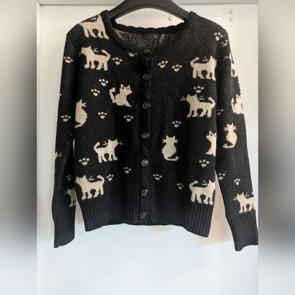 Kitty cat black and cream button down cardigan - Picture 1 of 5